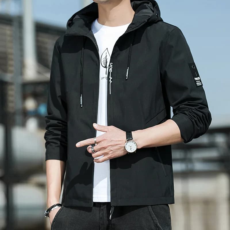 Casual Hooded Jacket Men's Youth Versatile Large Size Outerwear Breathable Polyester Fabric Long Sleeve Zipper Closure Pure C...
