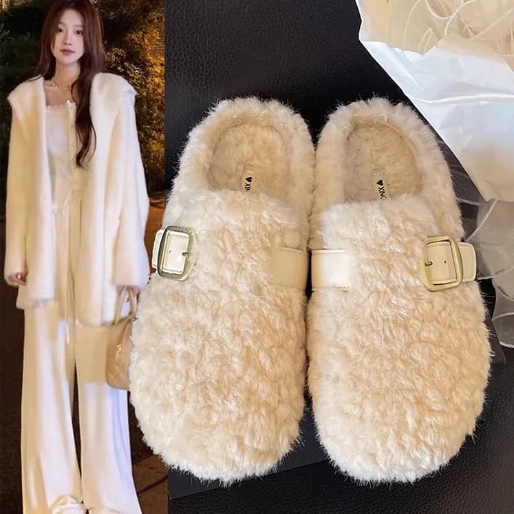 Thick Bottom Sheepskin Slippers Women's Winter Outdoor Wear Fleece Lined Slip on Covered Head Cotton Slippers BALESY Brand