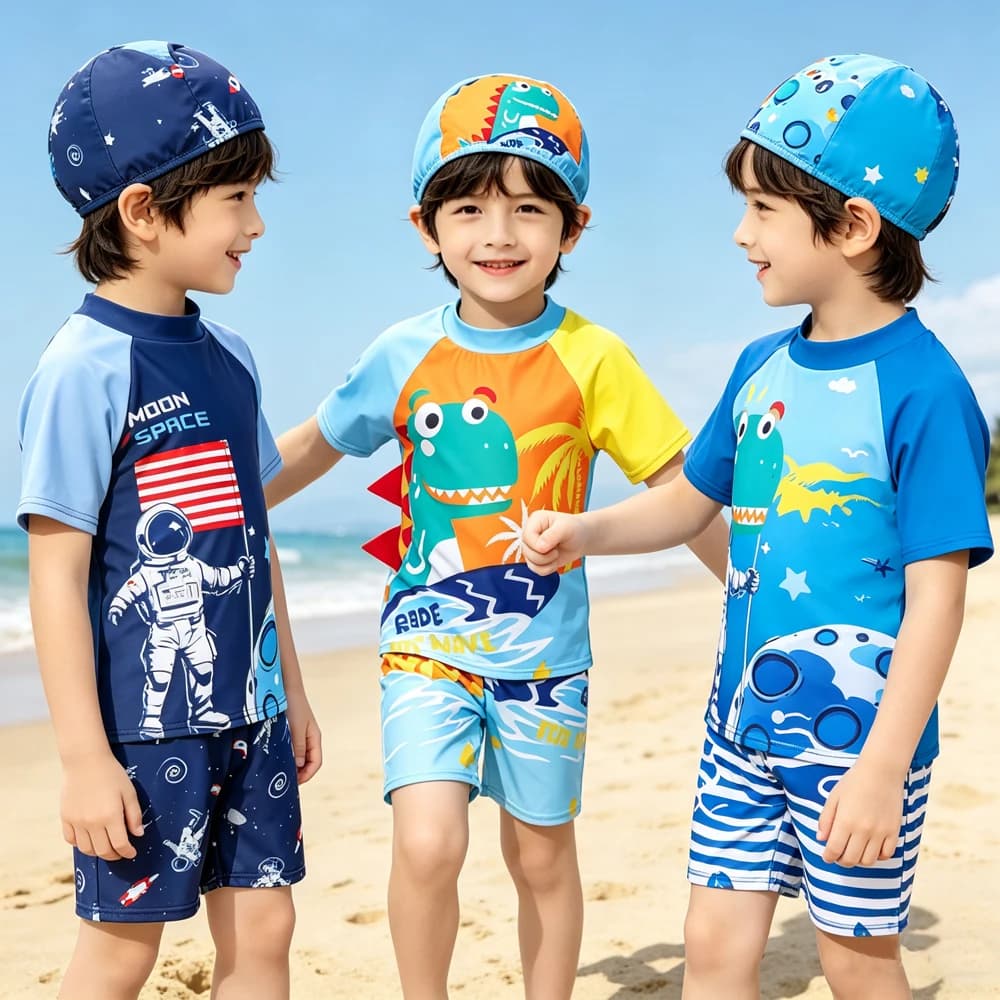 Costume da Bagno per Bambini 2 Pezzi, per Ragazzi 3-12 Anni, con Simpatico Dinosauro e Spazio, Set da Spiaggia con Cappello