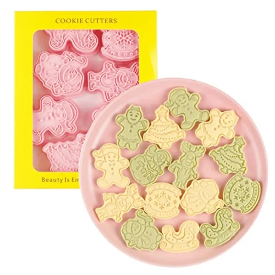 Set of 8 Formines for Christmas Biscuits in Plastic, Prints for Red and Green Sweets for Festive Cuisine