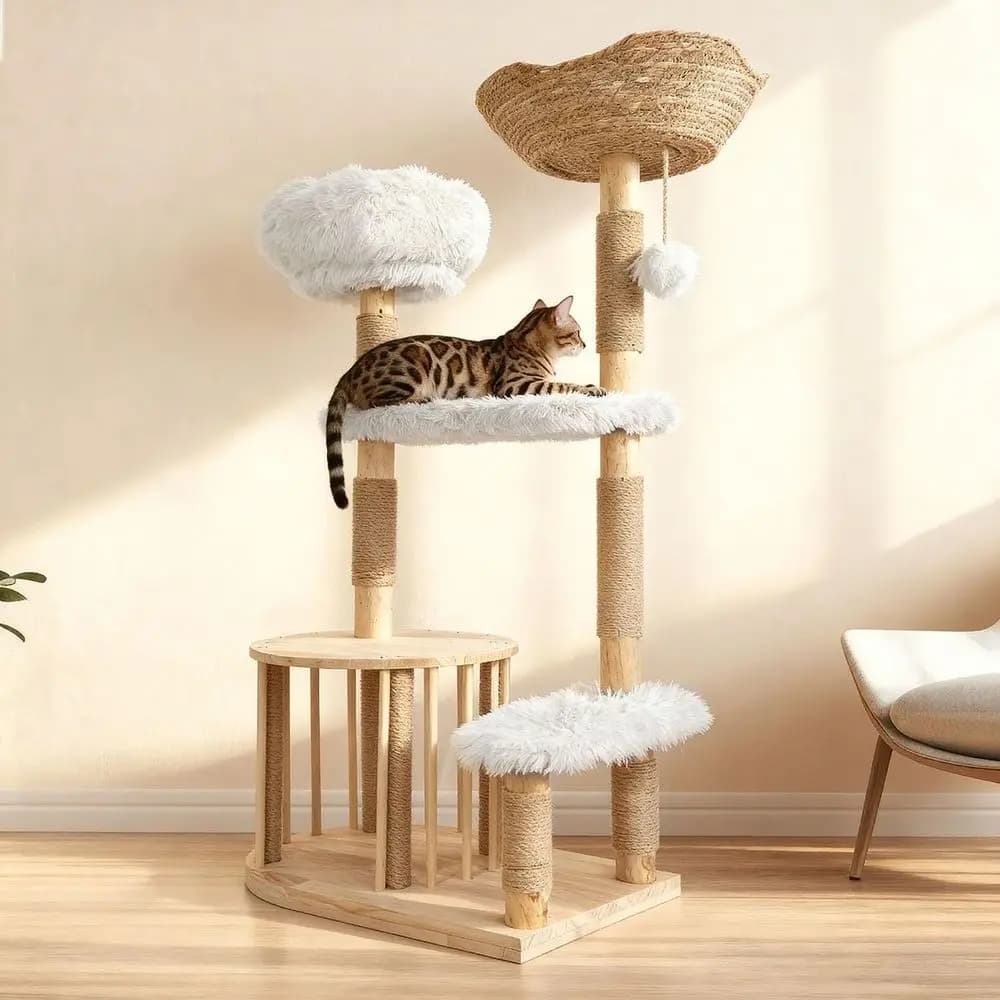 Albero per Gatti in Legno Massello Naturale 51 con Cuccia di Lusso e Doppie Piattaforme per Gatti Grandi, Bianco