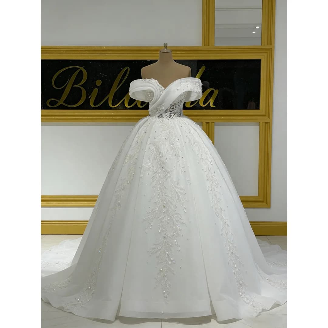 Abito da sposa personalizzato 2026, ultimo modello, con ampia gonna, design a spalla scoperta, perle, paillettes e cristalli, Vestido De Novia