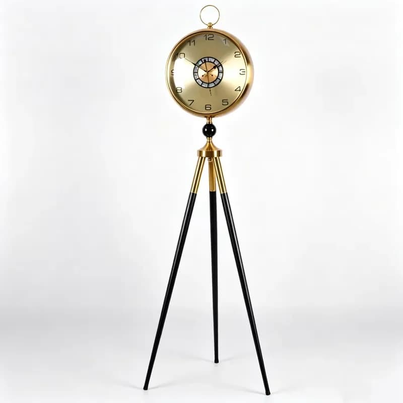 Black Gold Tripod Floor Clock Art Decor Standing Floor Watch Premium Metal Craft Floor Clock for Living Room Entrance Decor
