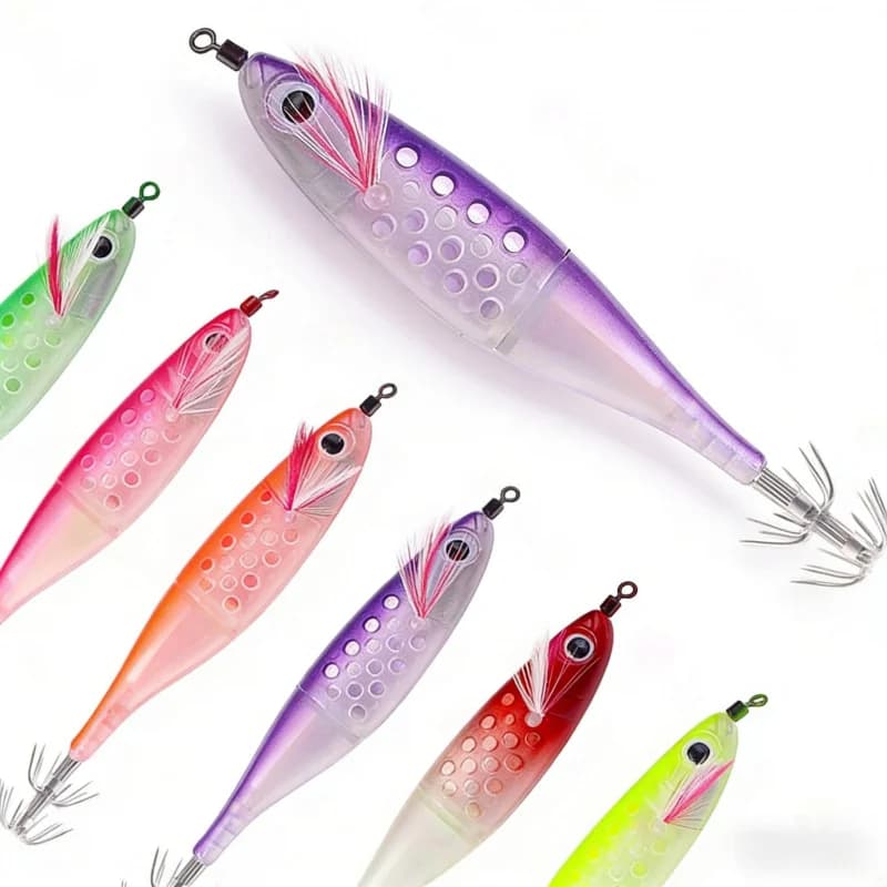Esca luminosa a doppio sezione da 12 cm con design cavo per acquario, amo per calamari, esca artificiale specifica per la pesca al branzino in mare