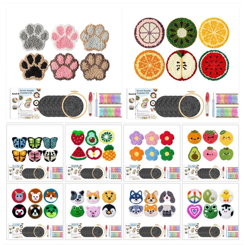 DIY Punch Needle Coaster Kits for Adults Beginners Flower with Hoop Embroidery Tufted Coaster Art Craft Supplies for Home Decor