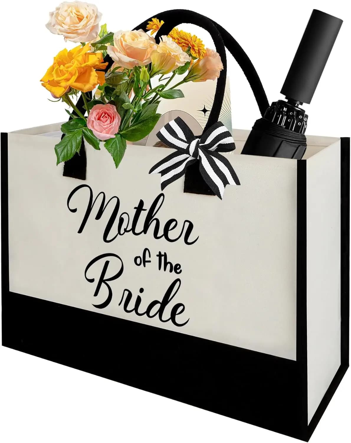 Borsa Tote in Tela per Madre della Sposa, Grande e Riutilizzabile, per Spiaggia e Spesa, Regalo per Addio al Nubilato e Fidanzamento, per Donne, Nero e Bianco
