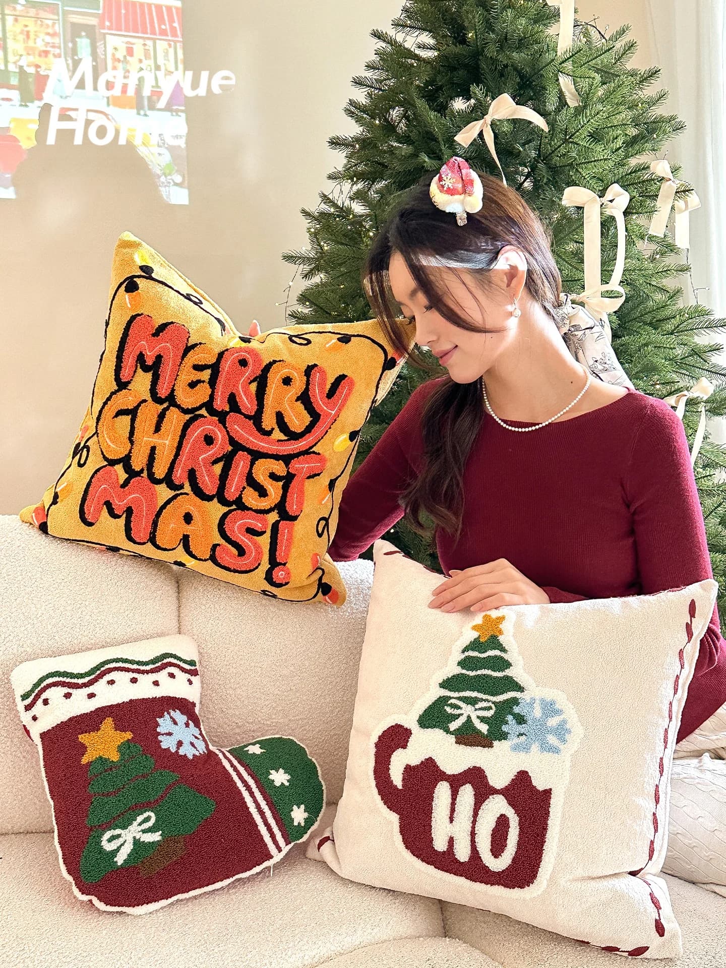 Cuscino Decorativo Natalizio per Divano, Supporto Lombare, Ricamo a Nastro, per Camera da Letto, Testiera, Casa, con Inserto Rimovibile