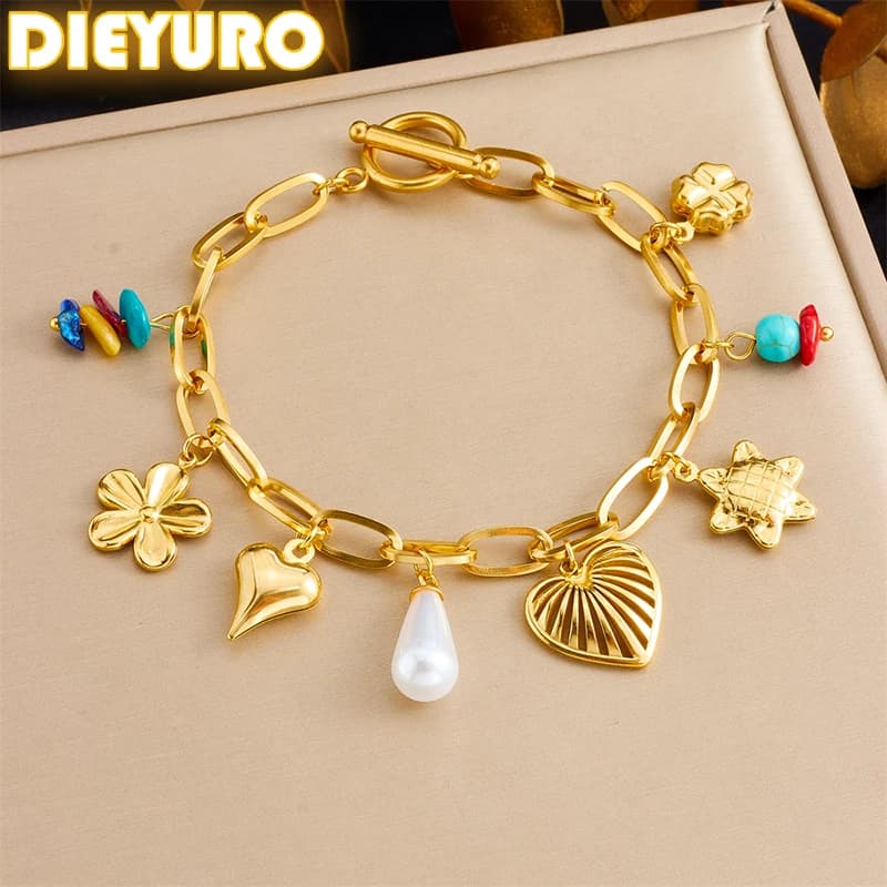 DIEYURO Bracciale in acciaio inossidabile 316L dorato scava fuori amore perla turchese per le donne regalo classico per gioielli con catena da polso
