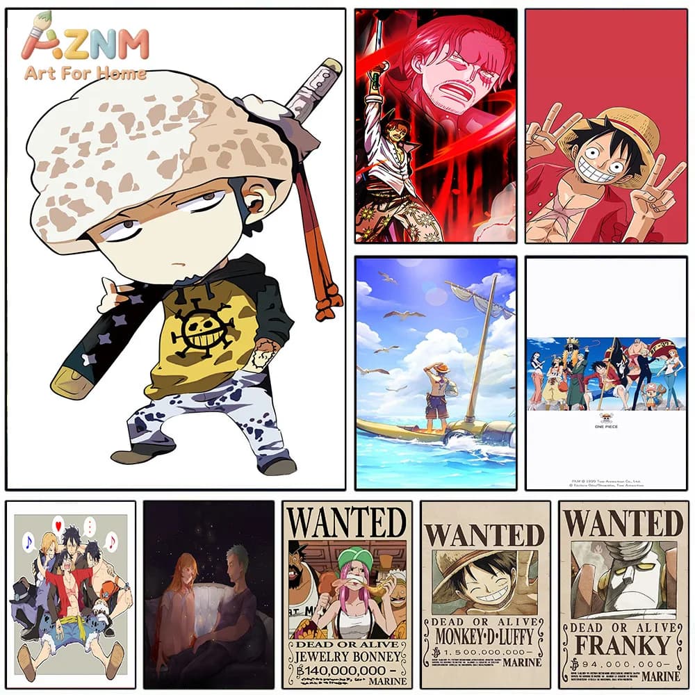 AZNM One Piece Anime Canvas Wall Art Trafalgar Law Luffy Shanks Franky Bonney Wanted Poster HD Print Frameless Painting Home Dec