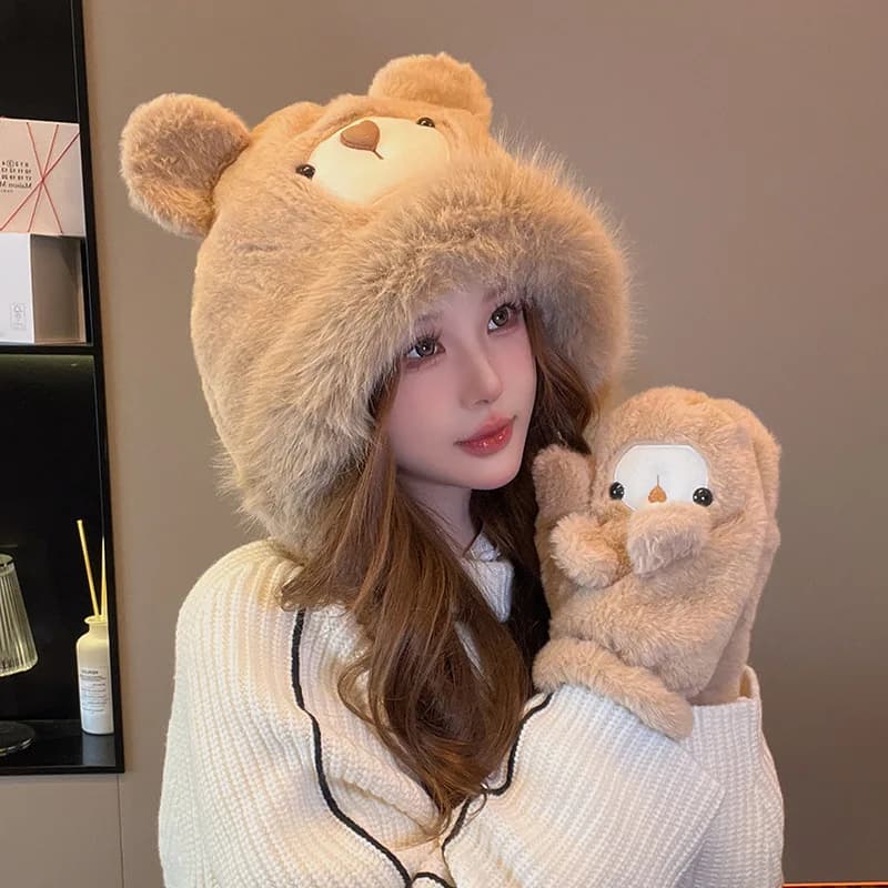 Funny and Cute Hat with Gloves Integrated in Bear Shape Plush, Winter/Autunnale Versatile for Cycling and Heat