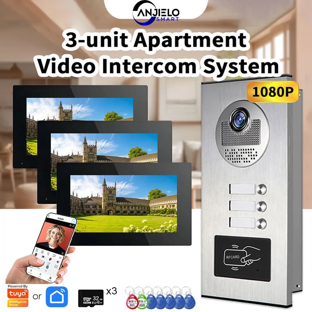 ANJIELO Videocitofono citofono per appartamenti a 3 unità con scheda RFID Sblocco 4 Videocitofono cablato Sistema 1080P TUYA Smart