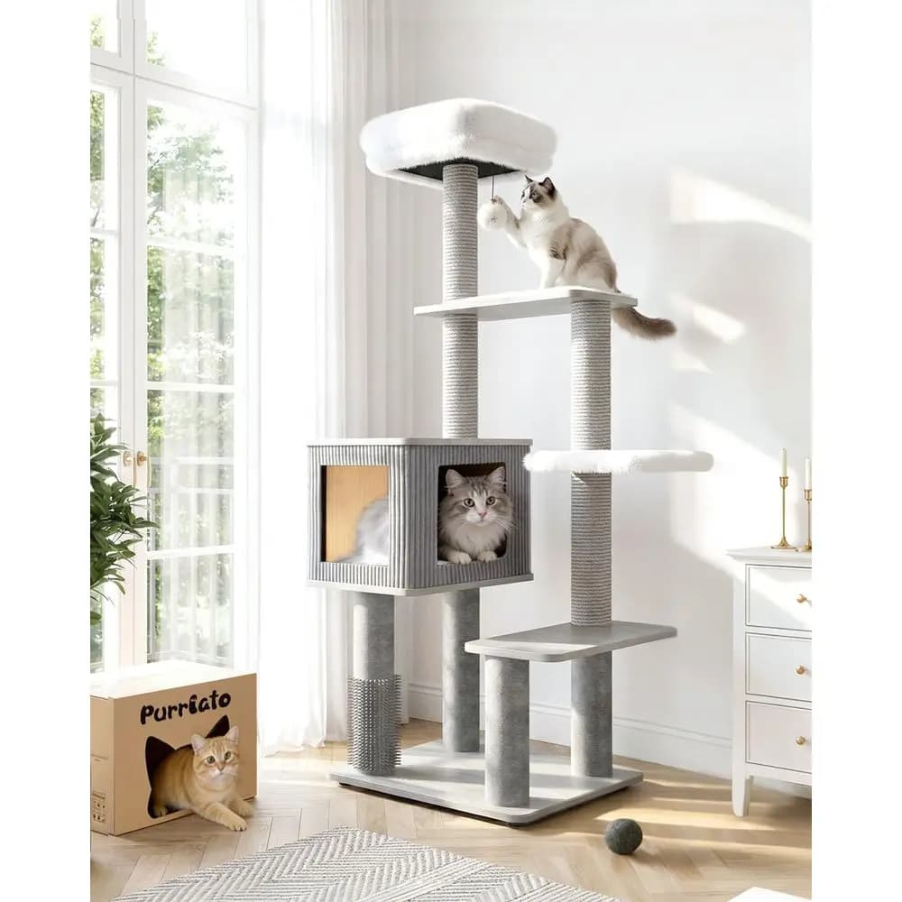 Robusto Albero per Gatti Grande con Piattaforme Imbottite per Gatti Adulti da Interno, Posti di Tiraggio in Sisal Grigio
