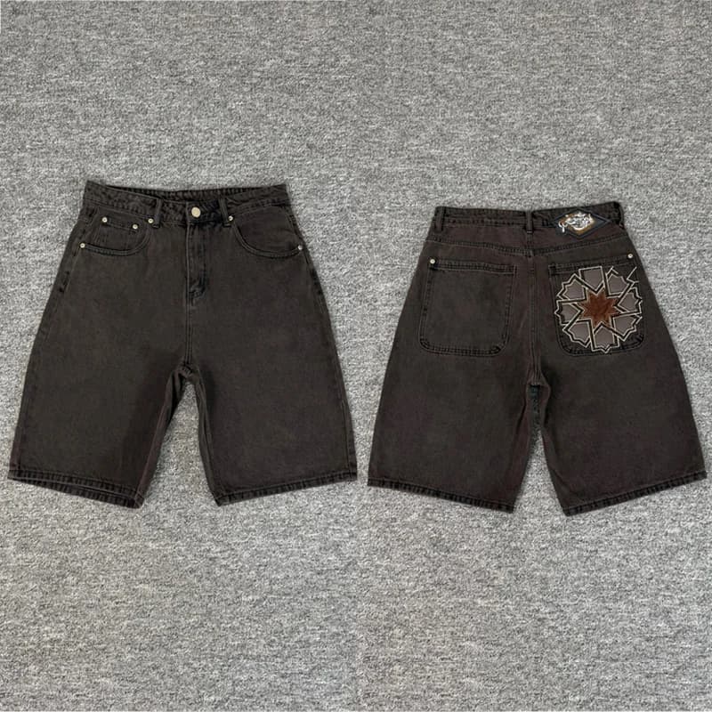 Summer Vintage Embroidered Brown Washed Shorts High-quality Real Photos Casual Derschutze Jeans