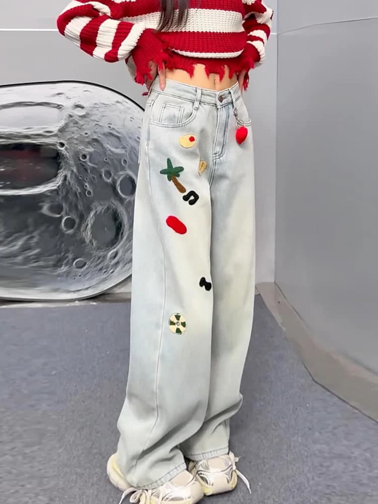 Heavy Duty Cartoon Patchwork Embroidered Fleece Lined Narrow Cut High Waist Straight Leg Denim Jeans Women Design Sensation L...