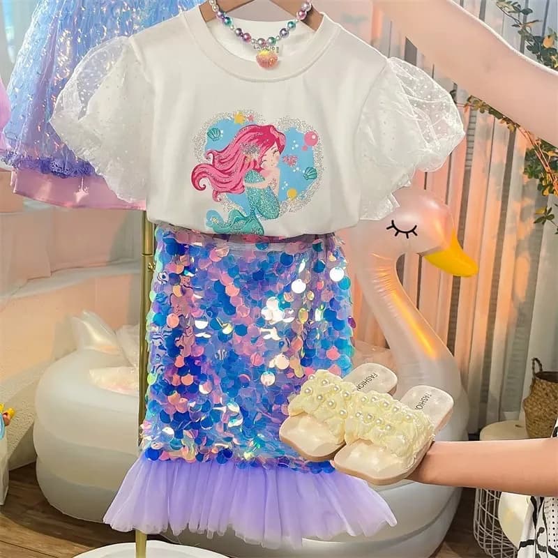 2025 T-shirt da ragazza nuova manica corta Primavera/Estate Abbigliamento per bambini Nuovo stile Super Western Glitter Gonna a coda di pesce