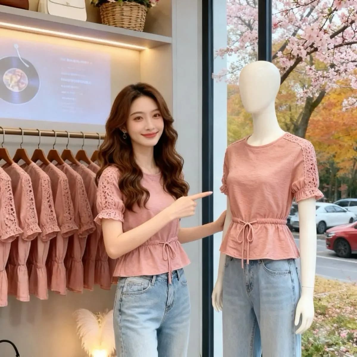 Fashionable Hollow out Short Sleeve T-Shirt Women's Loose Fit round Neck Pullover Summer New Style Thin Material Belt Waist
