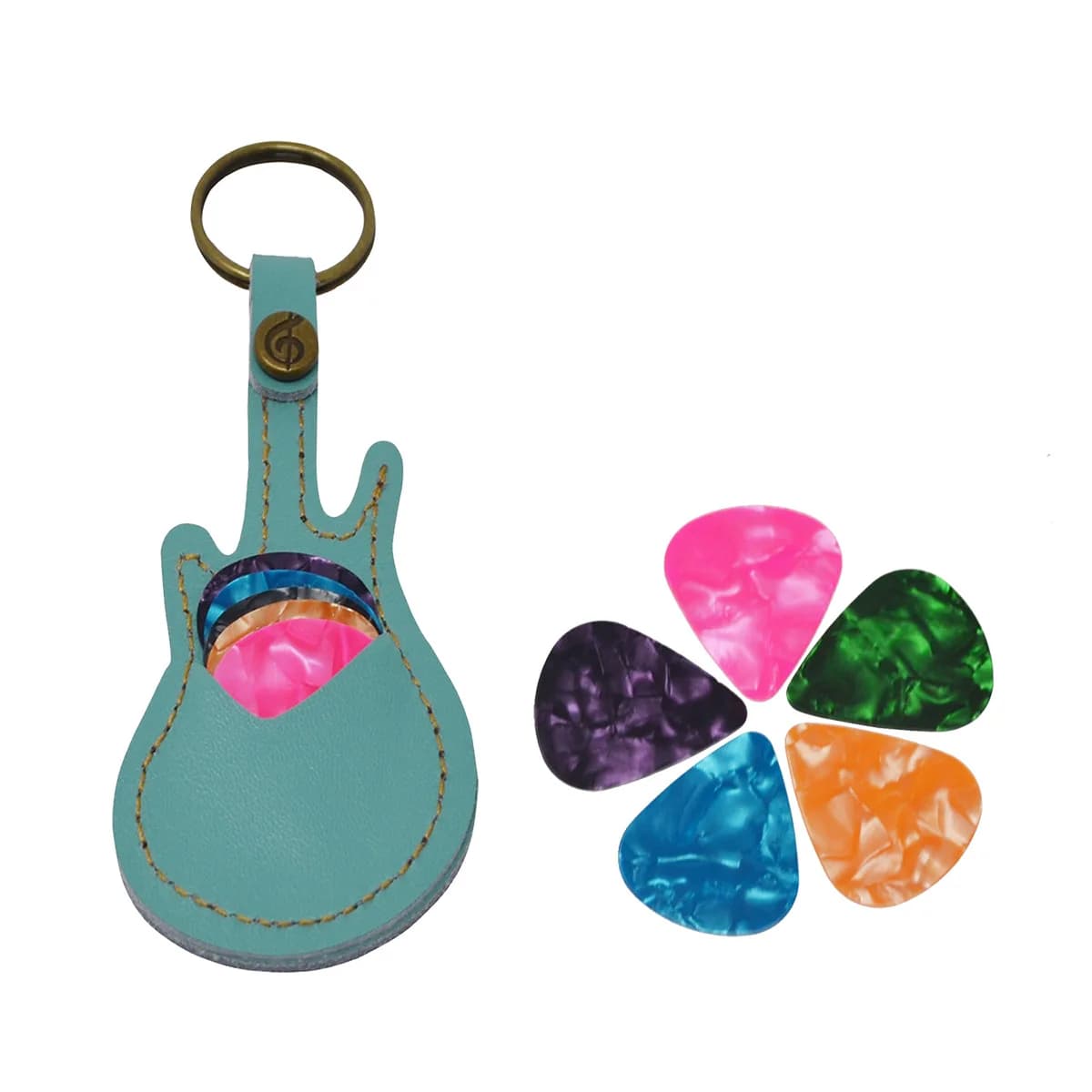 Il set di borse per plettri per chitarra in pelle include 5 plettri e 1 borsa/set con fibbia in rame puro, set di plettri per chitarra con borsa in pelle verde/arancione
