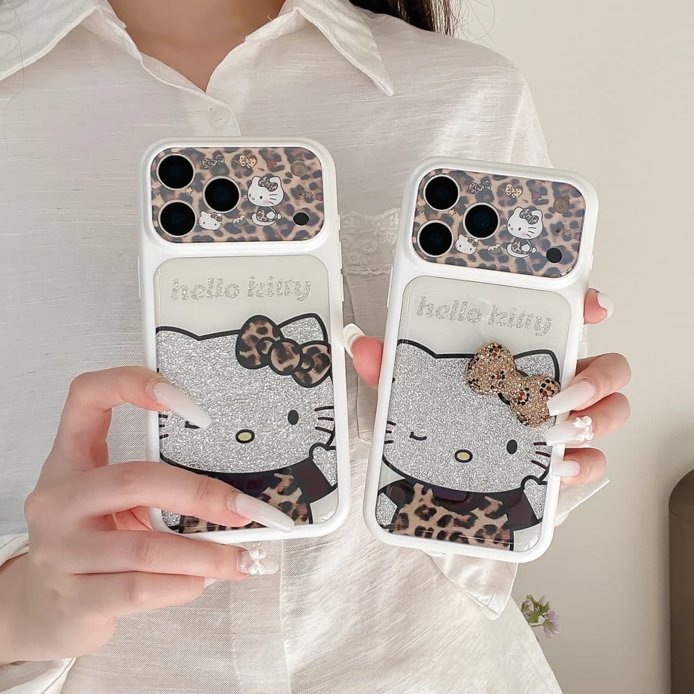 Fashion Cute Cartoon Sanrio Hello Kittty leopard Print Bow Phone Case For iPhone 17 Pro 16 15 14 Pro Max Shockproof Hard Cover
