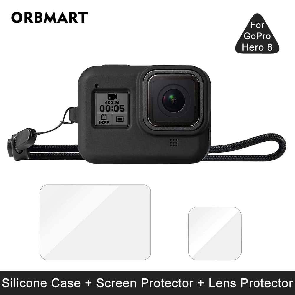 Custodia in silicone per GoPro Hero 8 Proteggi schermo in vetro temperato nero Pellicola protettiva per lenti Cover per Go Pro 8 Accessori