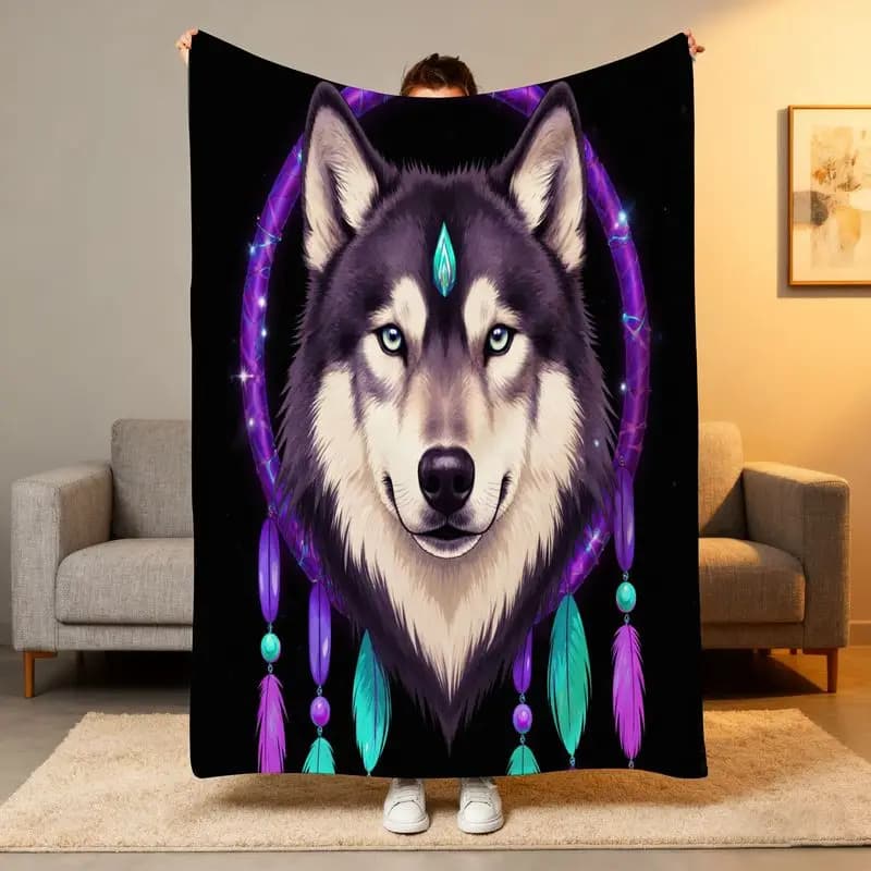 Mystical Wolf Dreamcatcher Blanket - Purple Blue-Eyed Wolf Gemstone All-Season Fleece Throw