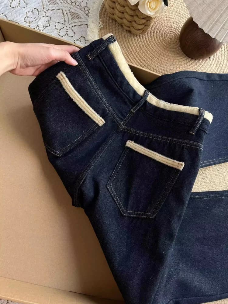 My First Winter Fleece Lined Straight Leg Jeans Women's High Waist Wide Leg Pants Durable Denim Fabric Comfortable Long Trousers