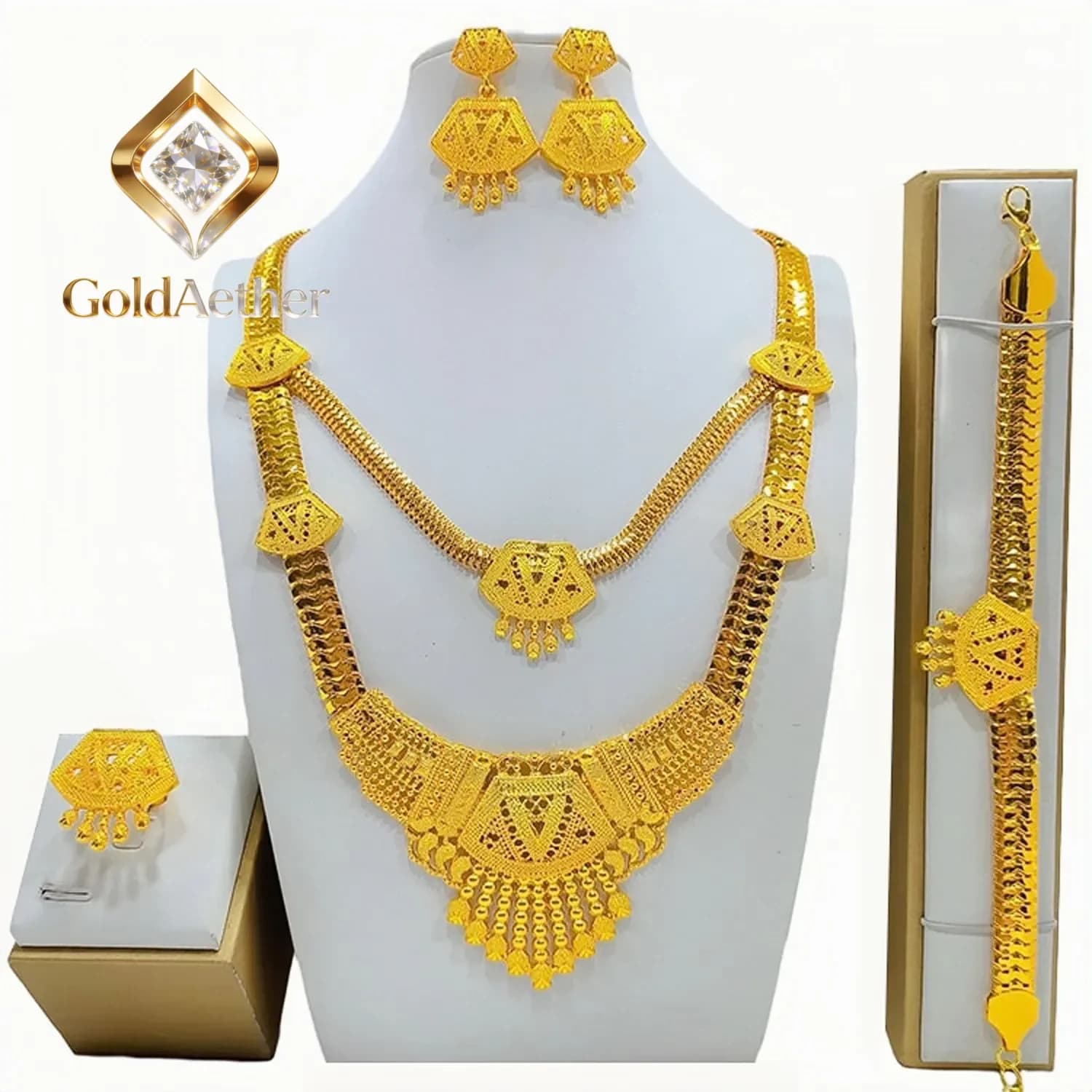 Set di Gioielli GoldAether in Oro 24K Vero 9999, Collana Lunga, Bracciale, Anello, Orecchini, Collana da Sposa, Regalo