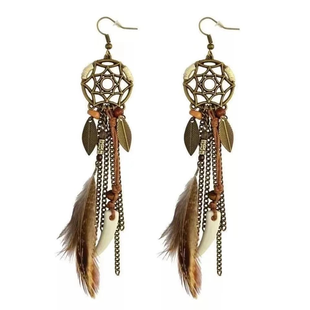 Bohemian Style Dangling Drop Earrings Antique Handmade Tassel Earrings Long Leaf Pendant Dream Catcher Earrings Vacation Jewelry