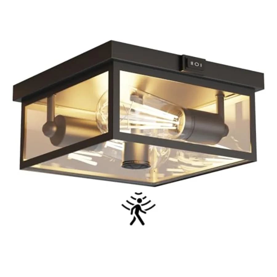 Lampada da Soffitto per Esterni con Sensore di Movimento, Plafoniera da Portico, Apparecchio di Illuminazione Esterna con Vetro Trasparente, Funzione Crepuscolare, 2 Luci F