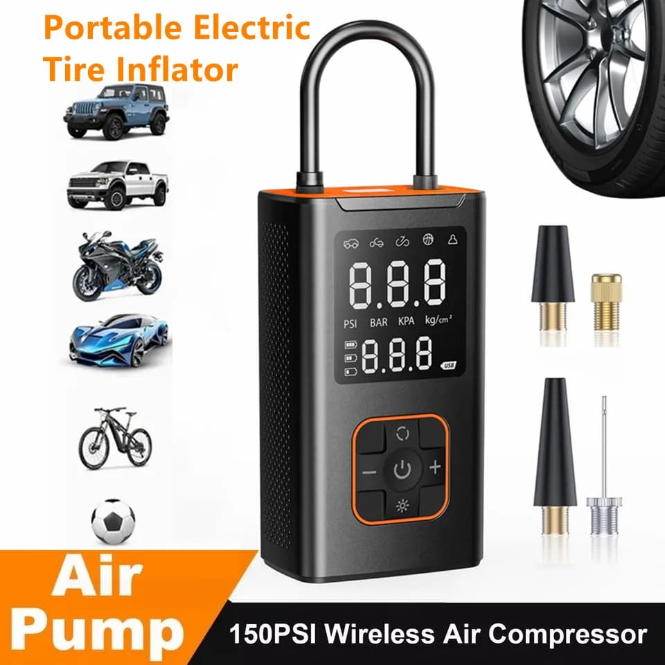 Pompa di aria senza fili 150psi Gonfiatore elettrico portatile per pneumatici per auto Bicicletta Moto Compressore d'aria Iniettore Accessori bici