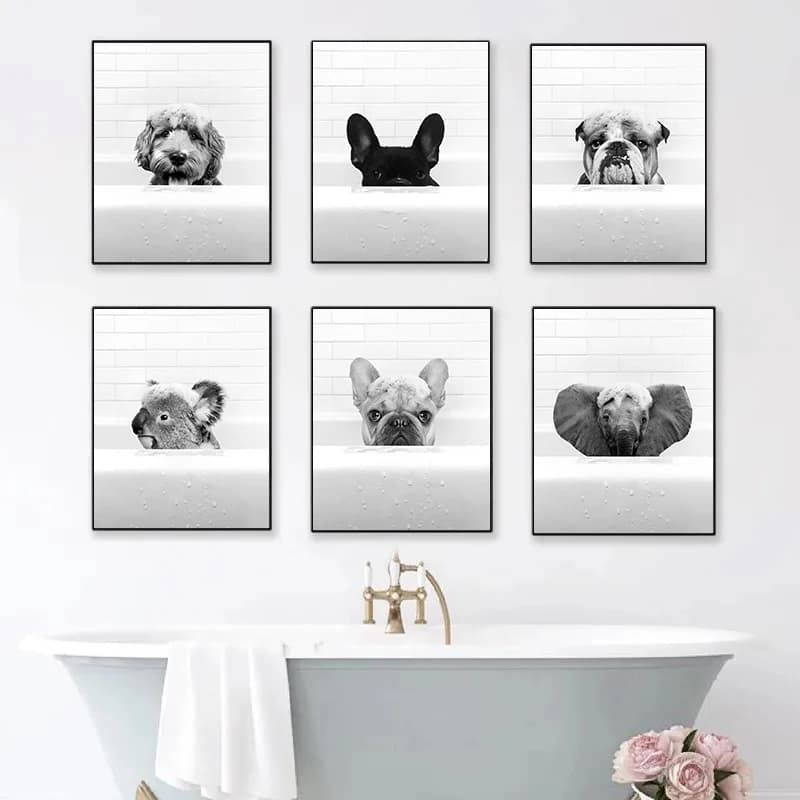 AZNM Funny Animals Taking A Bath Monkey Dog Zebra Cat Bear Tiger Poster and Canvas Printing Wall Art Picture for Bathroom Home D