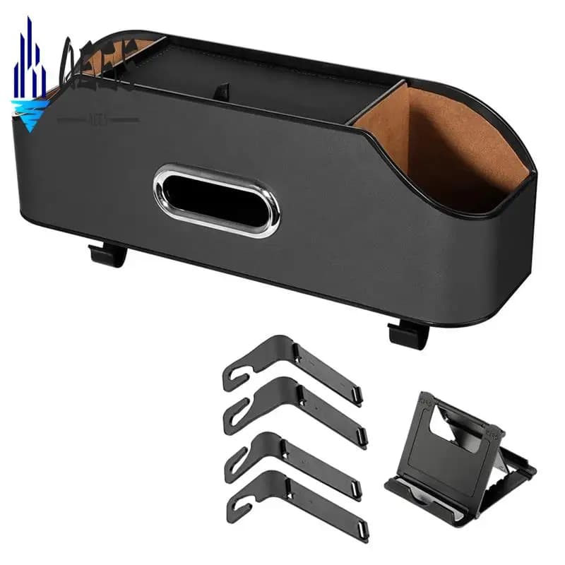 AEE5-Car Headrest Backseat Organizer With 2 Drink Cup Holder, Cell Phone Holders, Hooks And Tissue Box Accessories