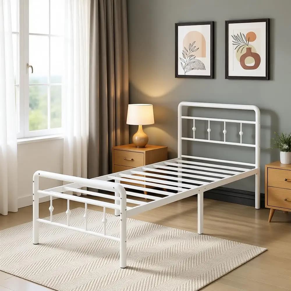Letto Singolo Bianco con Testiera e Pediera, 16 Pollici, Non Necessita di Box Spring, Robusta Base in Metallo Stile Ferro Battuto