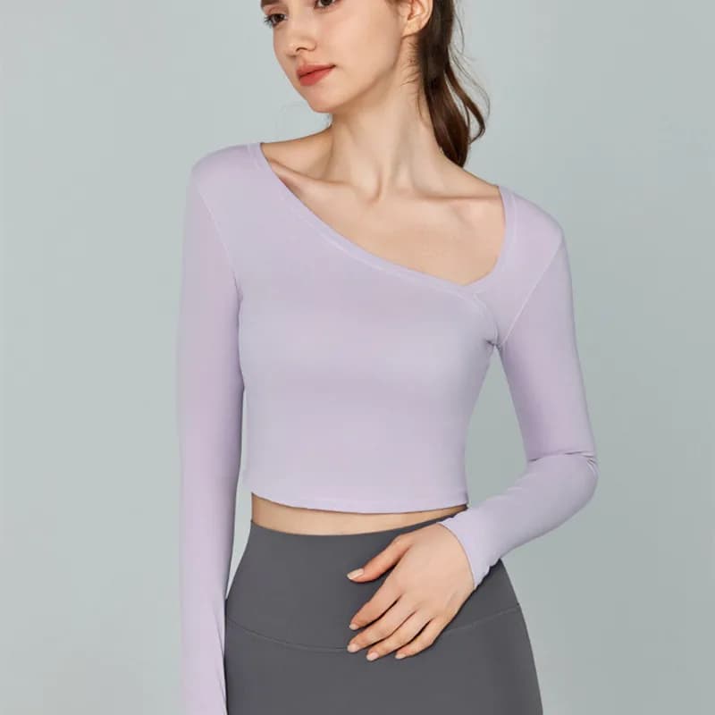 Donne Yoga Fitness palestra Quick Dry manica lunga colletto obliquo t-shirt sportive allenamento all'aperto Skin-friendly confortevole elastico Top
