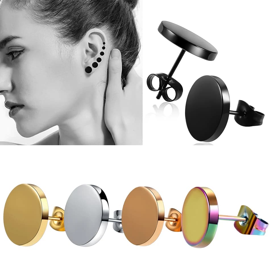 2pcs / lot in acciaio inossidabile rotondo orecchio nero orecchini uomini 2-12mm Punk Stud orecchino per gli uomini spingere indietro orecchino per le donne uomini gioielli