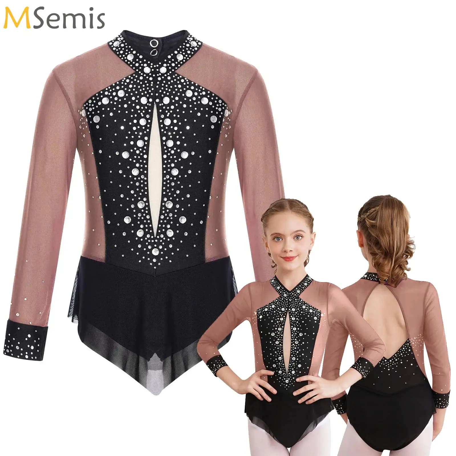 Vestito da ballo per balletto lucido per ragazze Maglia da pattinaggio su ghiaccio di figura Ginnastica ritmica Body con gonna in rete trasparente Abbigliamento da ballo lirico