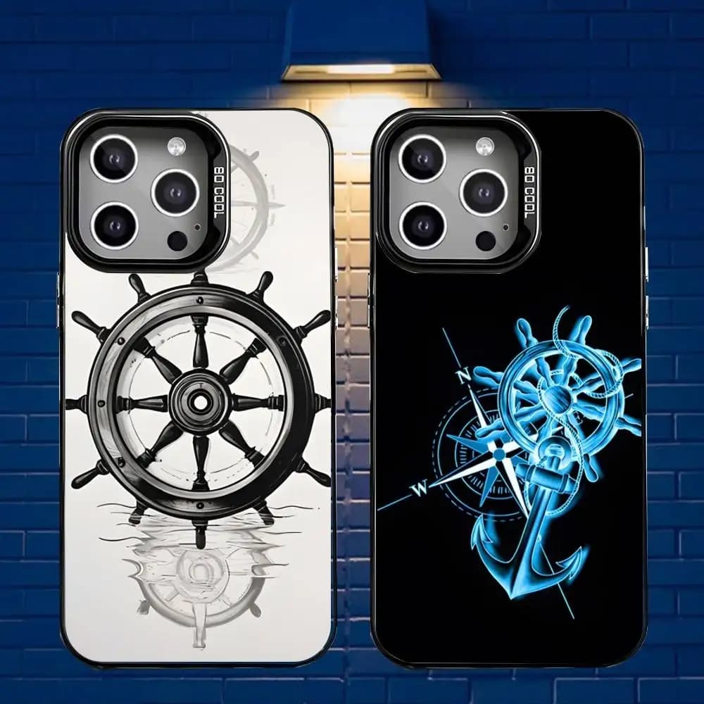 Custodia per telefono con ruota per nave Anchor Boat per iPhone17,16,15,14,13,12, Mini,Pro,E,MAX Cover nera in silicone grigio opaco
