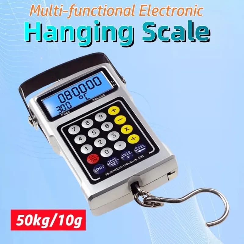 Fish Scales50KG/10G Bilancia sospesa multifunzionale Shopping Generi alimentari Bilancia per bagagli Calcolatrice Righello Termometro Gancio Bilancia per prezzi