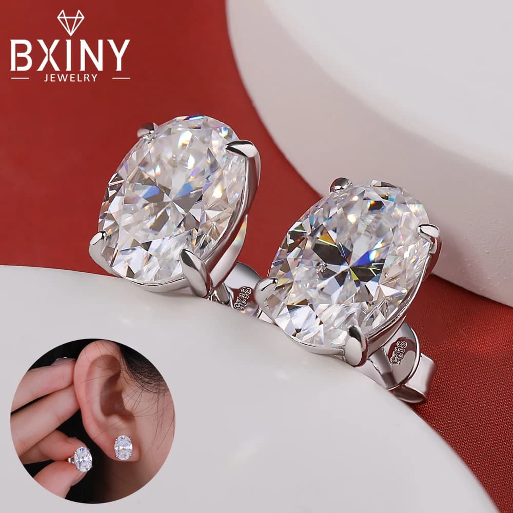 BXINY 1/2/3/4CT Oval Cut Moissanite Stud Earrings 925 Sterling Silver GRA Certified Lab Diamomd Ear Studs for Women Gift Jewelry