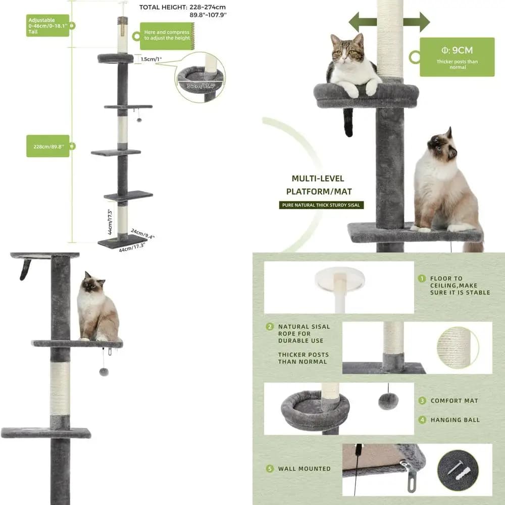 Torre per Gatti Regolabile a 5 Livelli: Altezza 95-107 cm, Tiragraffi, Cuccia, Gioco Interattivo per Gatti da Interno - Grigio