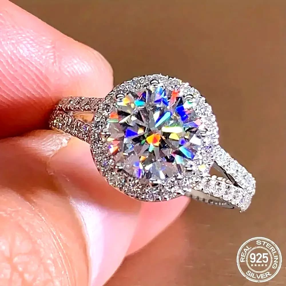 925 Sterling Silver 2ct Round Cut Moissanite Engagement Ring Wedding Band for Women Bridal Promise Fine Jewelry Gift