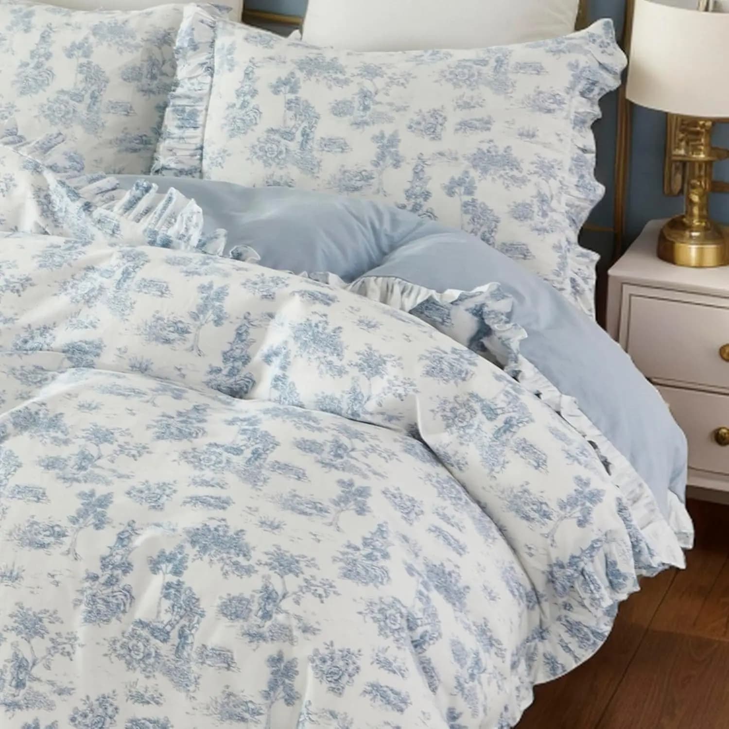 Copripiumino in Stile Country Francese, Misura King Size, 100% Cotone con Volant, Set Biancheria da Letto Floreale