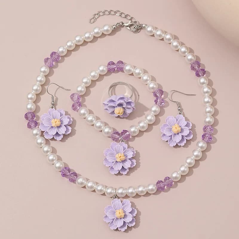 Set di 4 collane per bambini con fiori, dolci e affascinanti, di lusso leggero - 4 pezzi di graziosi gioielli con ciondolo a perla finta