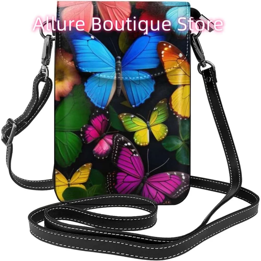 Borsa a tracolla con stampa di farfalle colorate per donna Borsa da viaggio piccola per cellulare in pelle PU Portafoglio leggero per mini telefono C