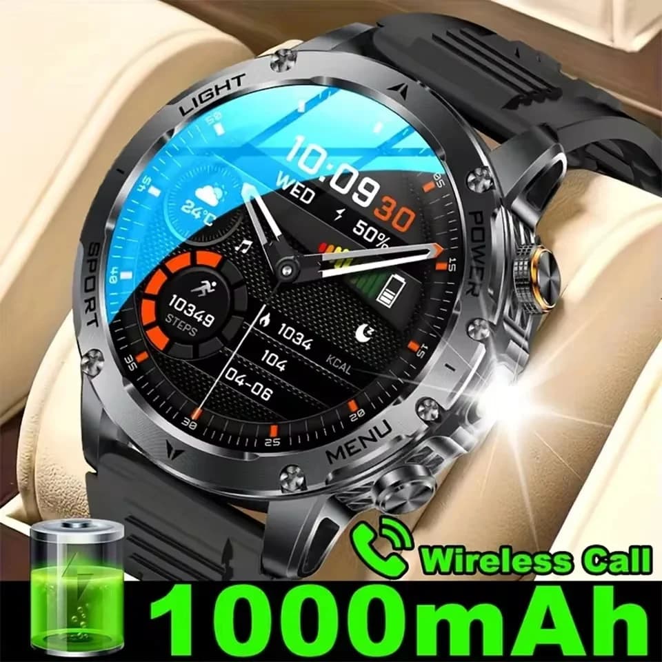 New Outdoor Military Bluetooth Call Men's Watch Smart 1000mah HD AMOLED Sport Fitness LED Flashlight 3ATM Men's Waterproof Bracelet