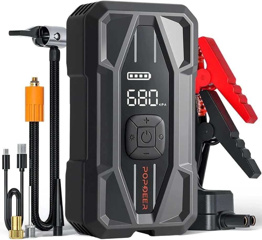 Avviatore di emergenza con compressore d'aria, 5000 A 150 PSI, caricabatteria da auto portatile 12 V, luce LED, compatto e potente