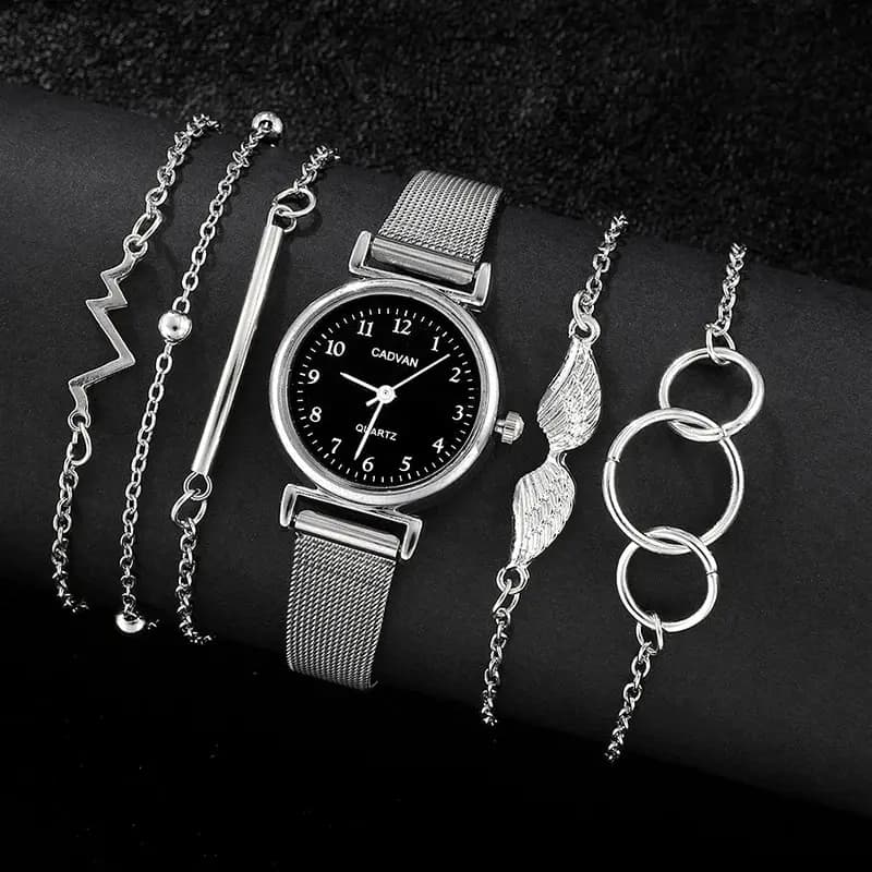 6PCS Women's Fashion Ladies Quartz Watch Bracelet Set Silvery Mesh Luxury Women Watches Dress Clock Montre Femme