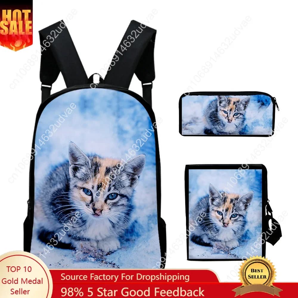 Trendy Popular Cartoon cat 3D Print 3pcs/Set pupil School Bags Laptop Daypack Backpack Inclined shoulder bag Pencil Case