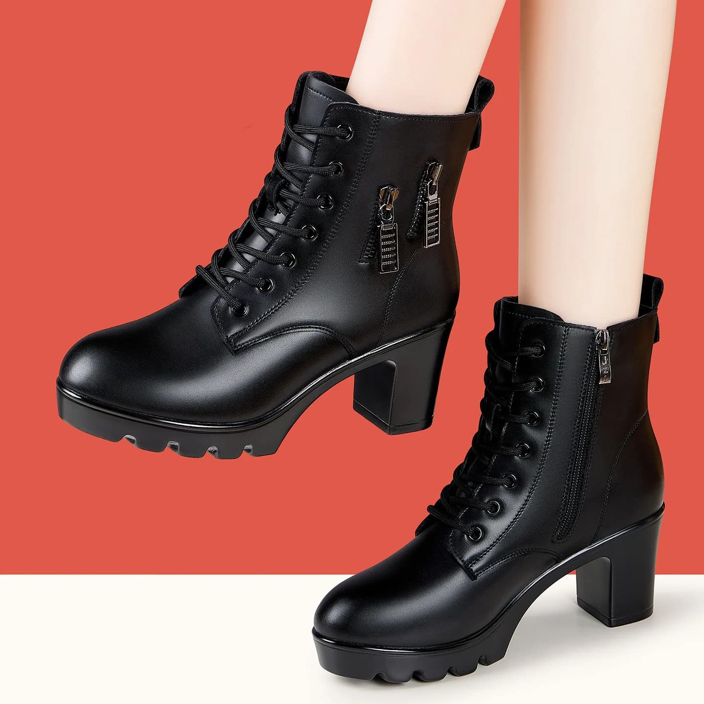 6.5cm 8.5cm Comfortable Soft Leather Boots Platform Shoes Women 2025 Winter Block High Heels Warm Fur Ankle Motorcycle Boots