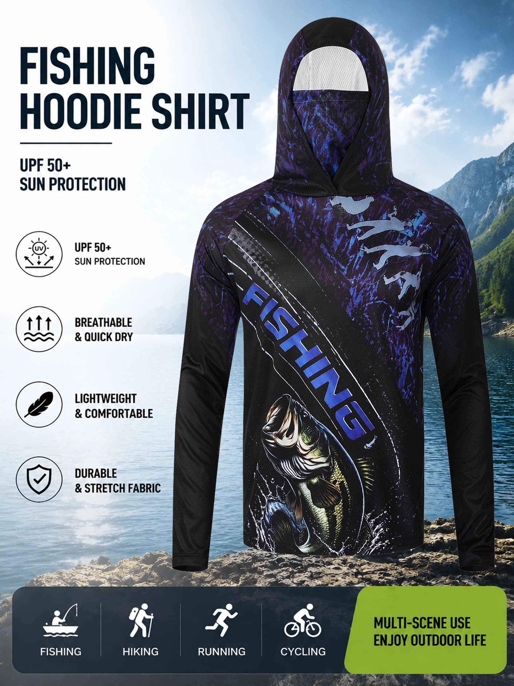 Bass Fishing Apparel Men’s Long Sleeve Hoodie Lightweight Performance Wear