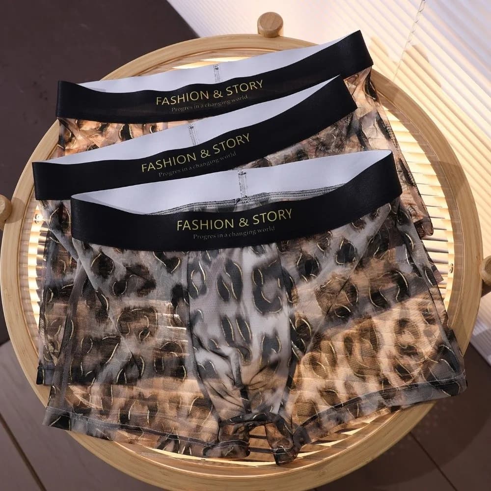 Comfortable Leopard Print Men's Ice Silk Boxer Seamless Ultra Thin Mesh Boxer Briefs Underwear Panties Shorts Male Summer